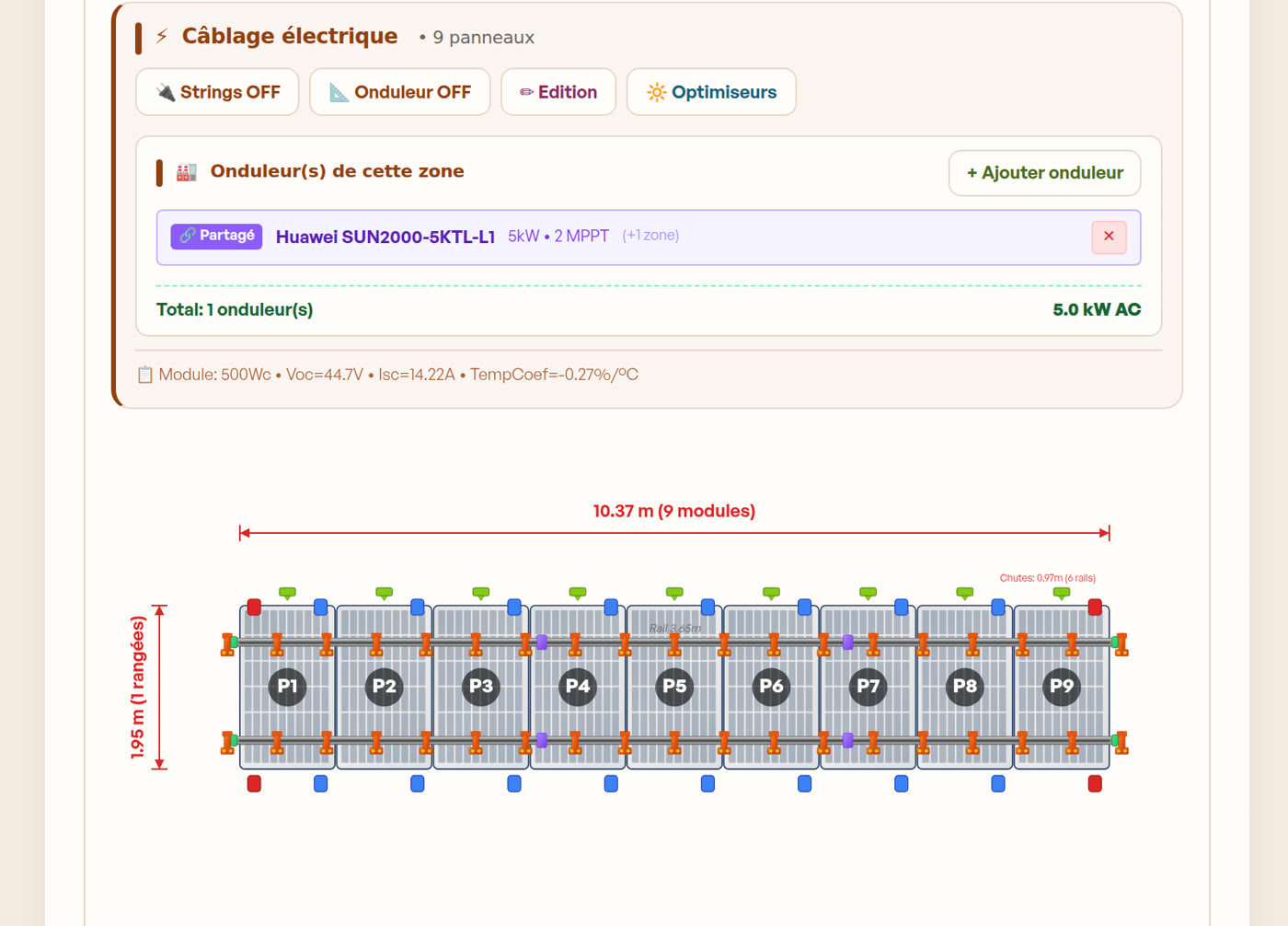 Plan de montage d'une zone : 9 modules sur 10,37 m, onduleur partagé, strings et optimiseurs