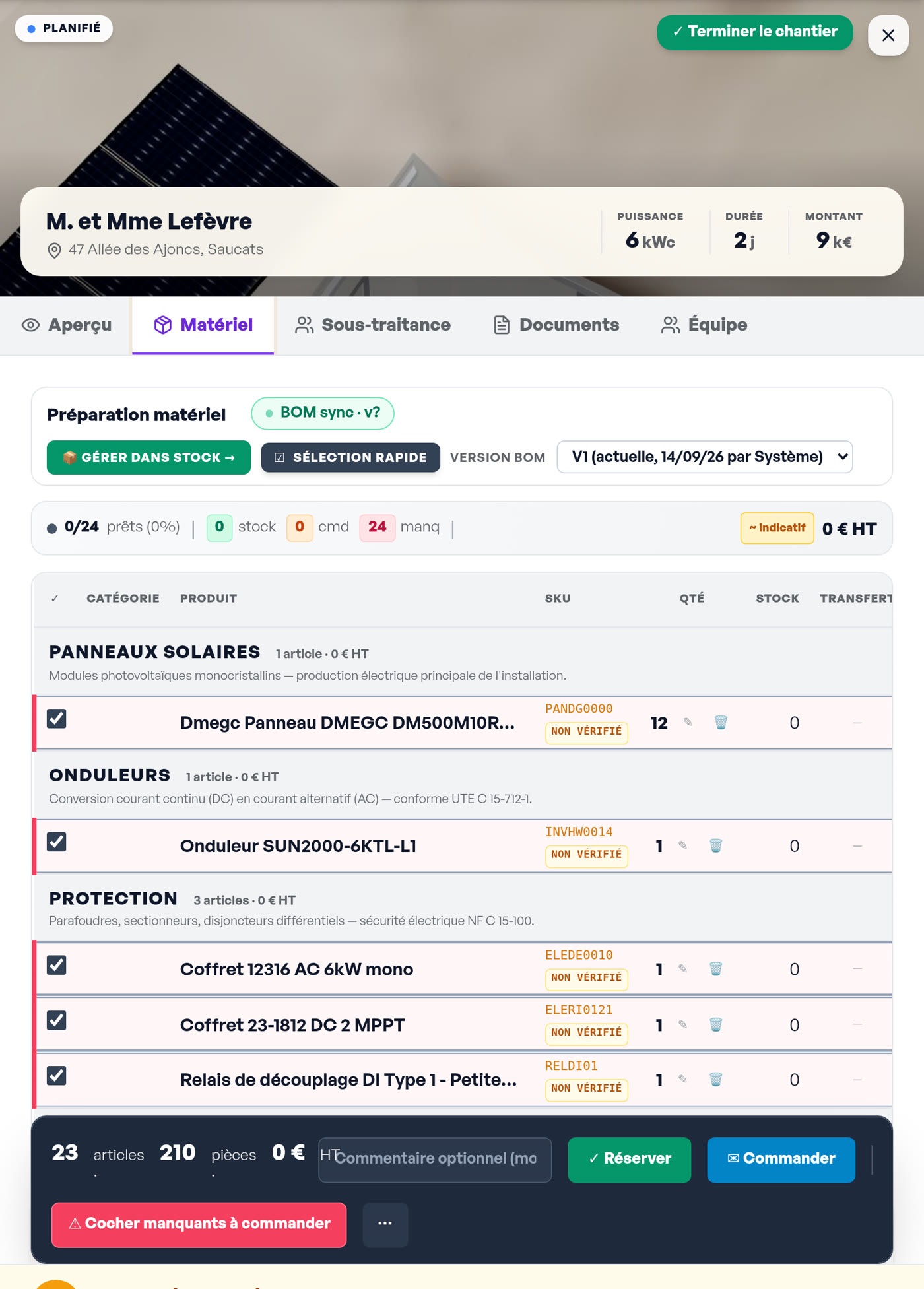 Fiche chantier, onglet matériel : nomenclature synchronisée avec le devis, stock, réservations et commandes