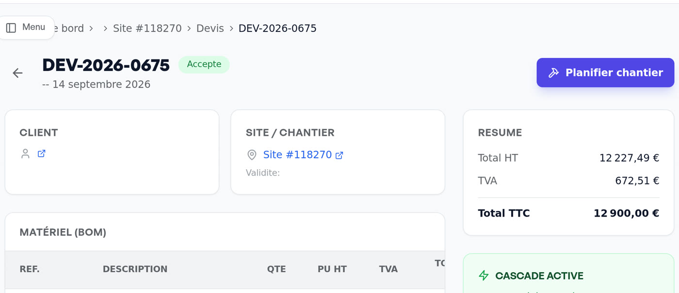 Devis DEV-2026-0675 accepté : 12 900 € TTC, cascade automatique (facture d'acompte 30 %, bons de commande, pipeline)