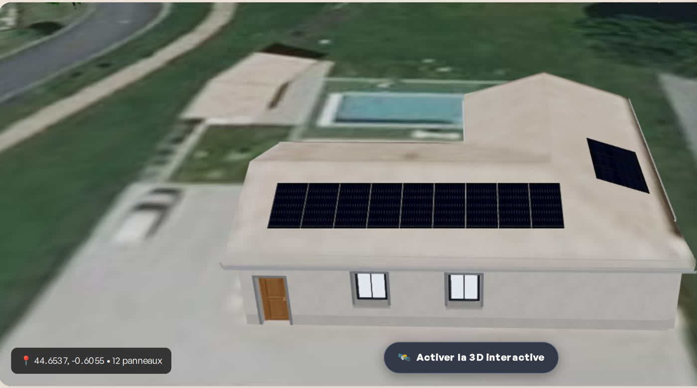 Vue 3D du rapport technique : la maison témoin de Saucats, toit mesuré et 12 panneaux calepinés