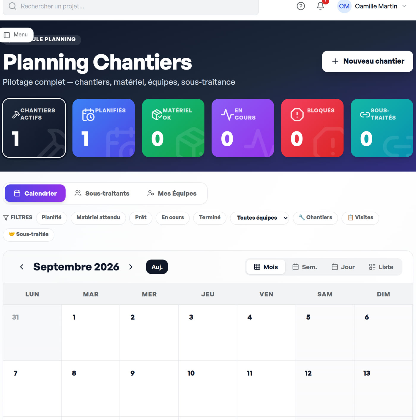 Planning des chantiers : chantiers actifs, planifiés, matériel, équipes, sous-traitance, calendrier mensuel