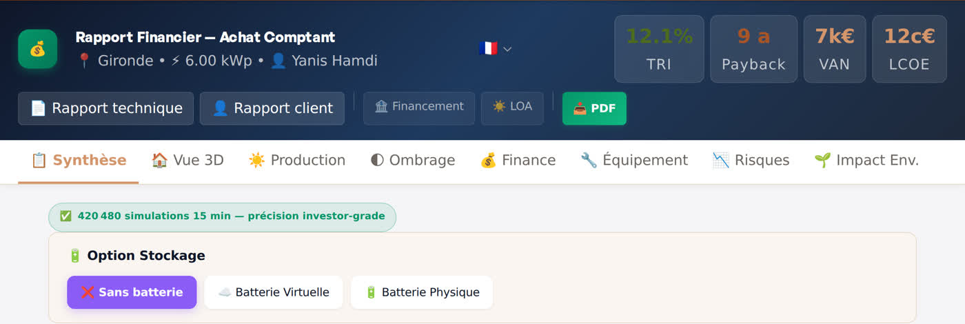 En-tête du rapport financier : TRI 12,1 %, retour en 9 ans, VAN, LCOE